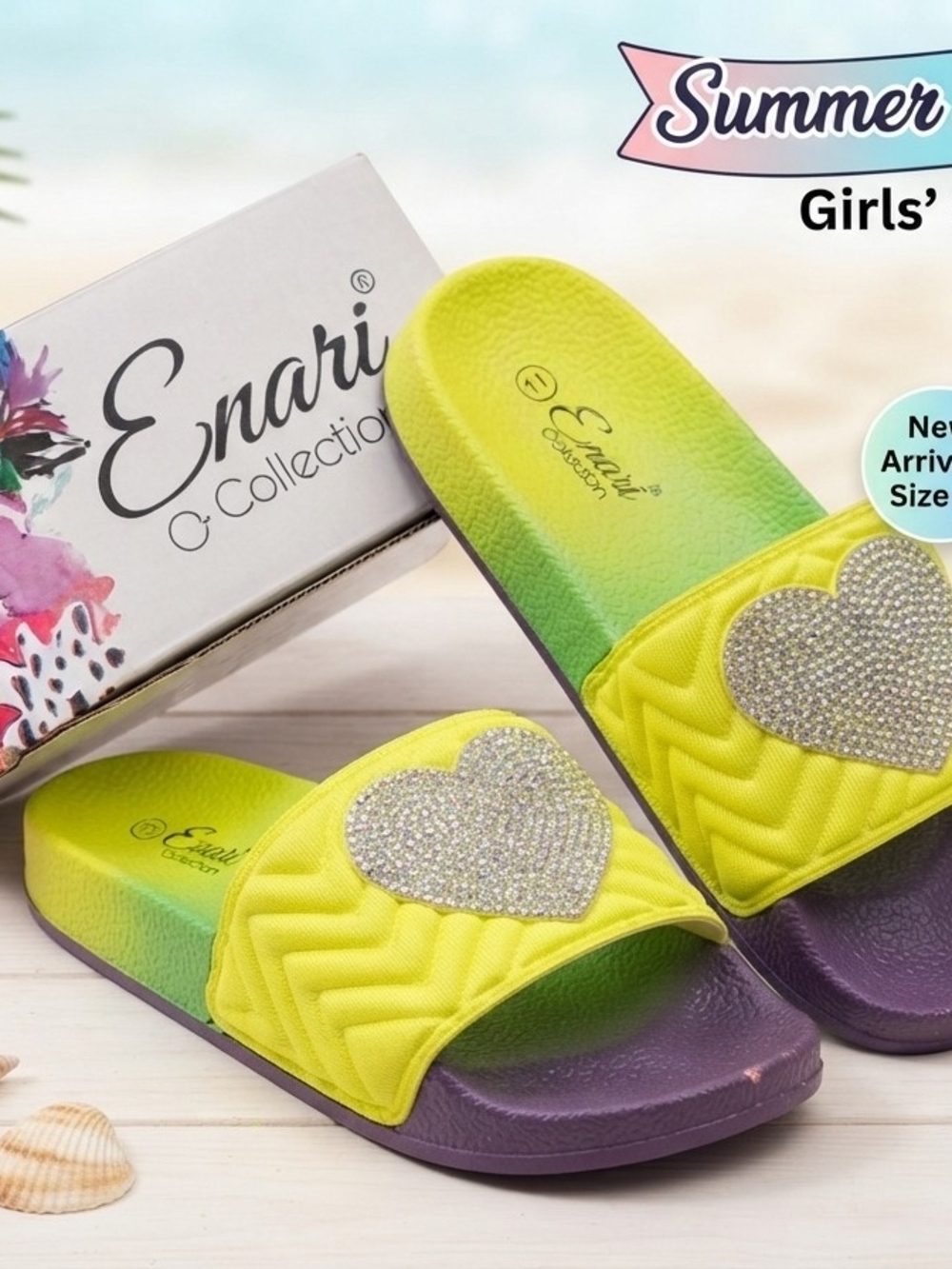 Enari Collection Girls' Lime Green/Purple Heart Slide Sandals, Various Sizes,NIB
